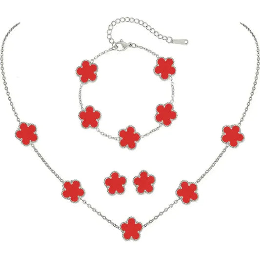 Elegant Five-Leaf Flower Jewelry Set – Titanium Steel Bracelet, Necklace & Stud Earrings